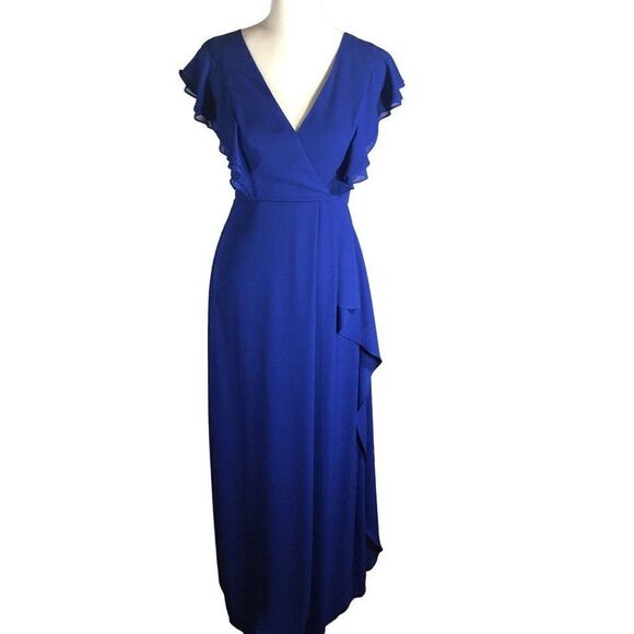 BCBGMaxazria Blue Chiffon Floor Length Dress 0 XS Surplice Flutter Sleeve Pretty - Picture 1 of 12